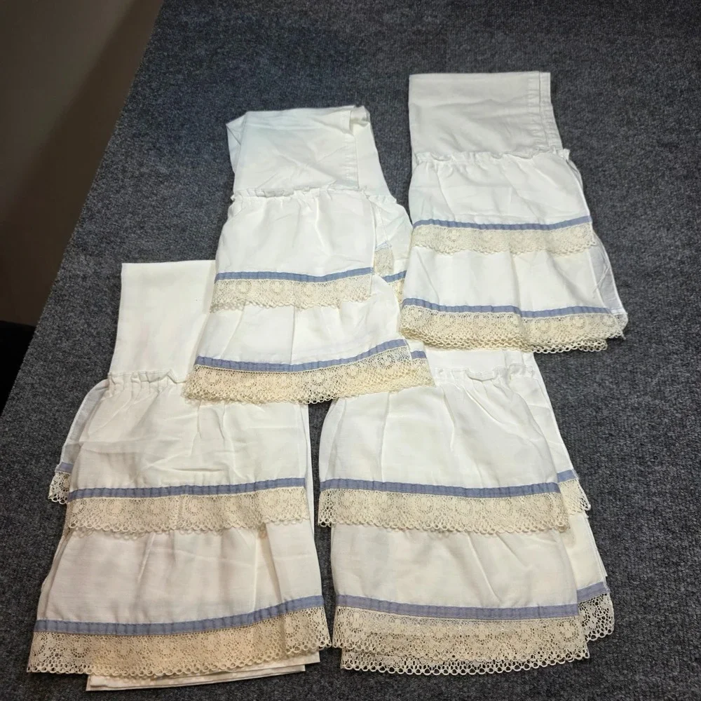 Vintage White Ruffled Cafe Curtains Lace Trim Blue Ribbon Made in USA 36x28 4pc
